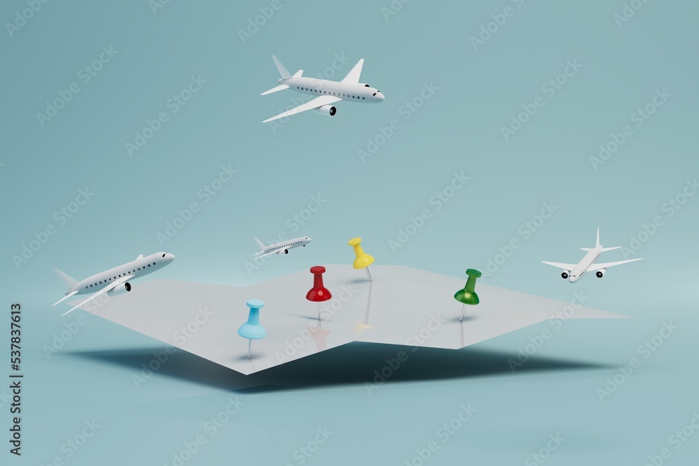 points of arrival of aircraft. A map with button-marked destinations and planes on a blue background. 3D render