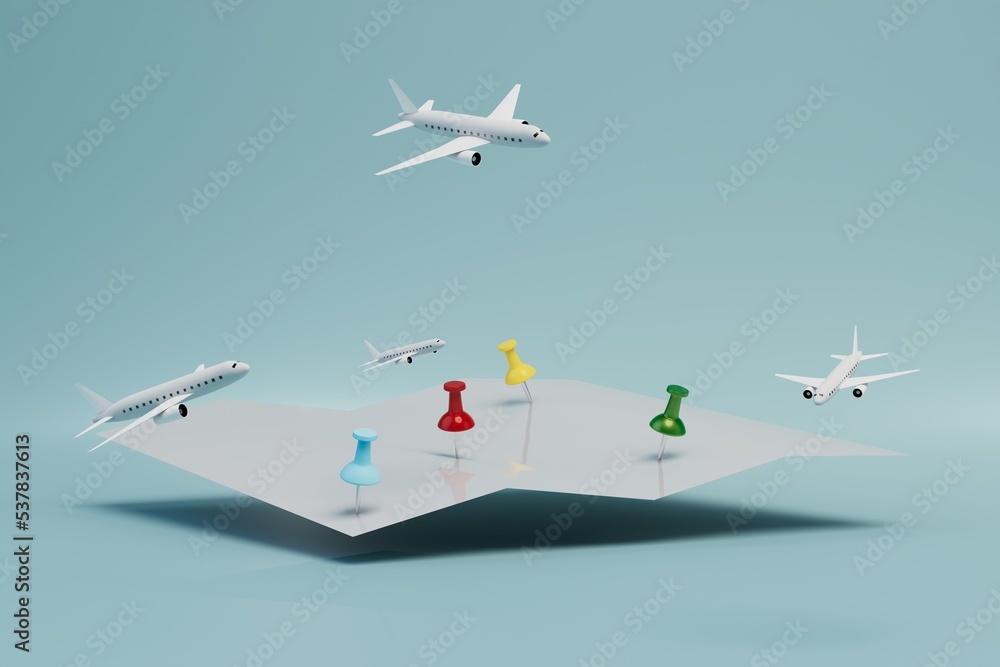 points of arrival of aircraft. A map with button-marked destinations and planes on a blue background. 3D render points of arrival of aircraft. A map with button-marked destinations and planes on a blue background. 3D render