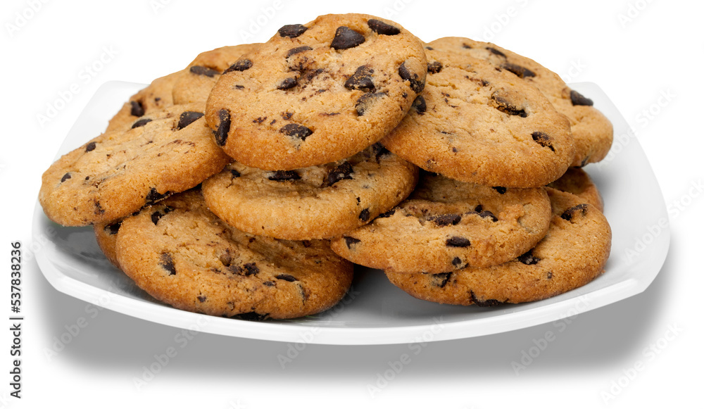Plate of chocolate chip cookies isolated on white background