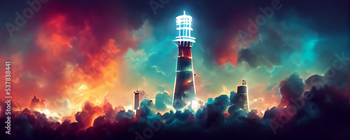 lighthouse in the clouds, sky, epic light source
