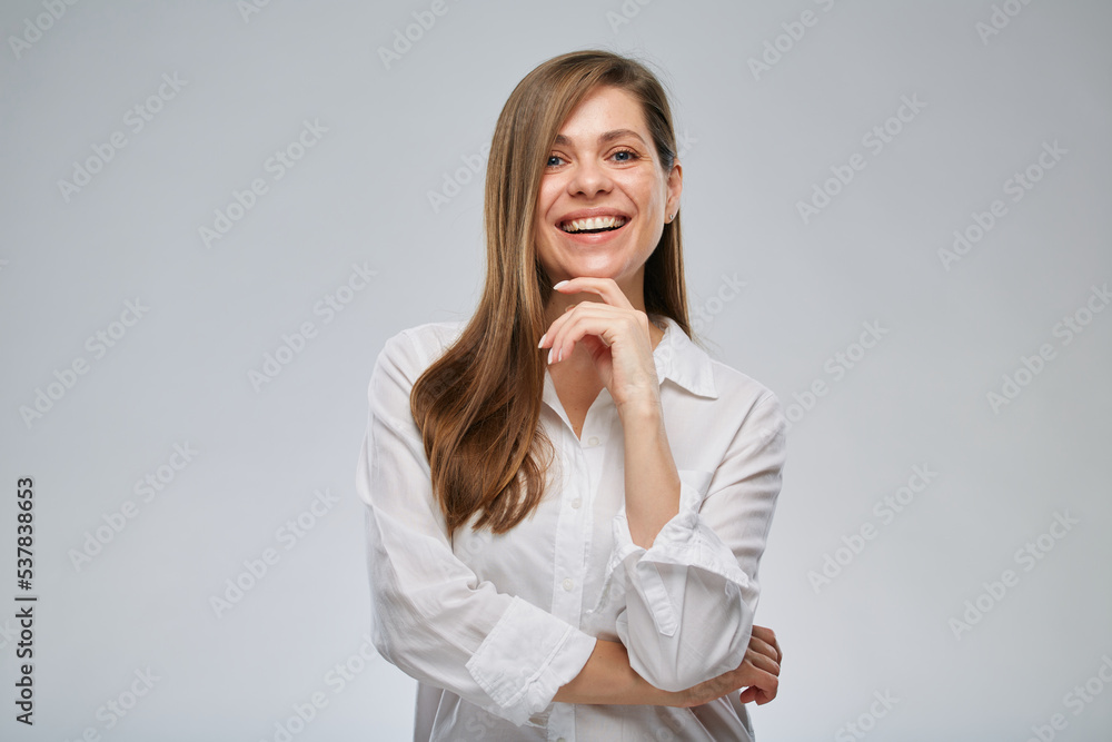 Isolated portrait of thinking business woman in white shirt. Isolated portrait of thinking business woman in white shirt.
