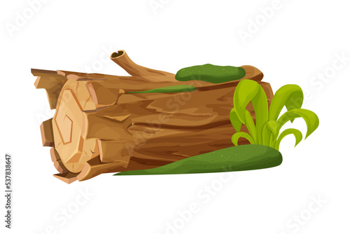 Old wood, tree log, trunk with moss and grass empty in cartoon style isolated on white background. Forest clipart, old and broken piece, part. 