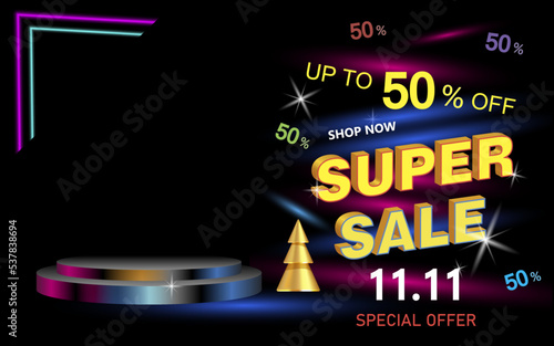 11-11 Advertising vector banner. Big Sale Festival 11-11, modern banner design.
 Editable template, free space for design. 3d. 50%.