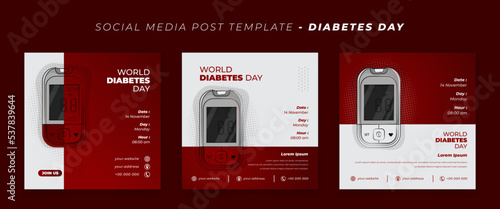 Social media post template in red white with glucose meter design for world diabetes day design