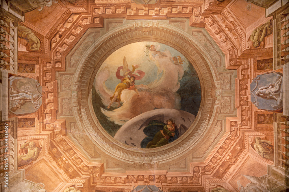 FERRARA, ITALY - NOVEMBER 9, 2021: The  ceiling frescoes in the  palace Palazzo Costabili.