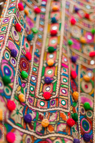 Details of embroidered traditional dress, ornemented with mirrors, Meghwal tribal style, Kutch region, Gujarat, India © Pvince73