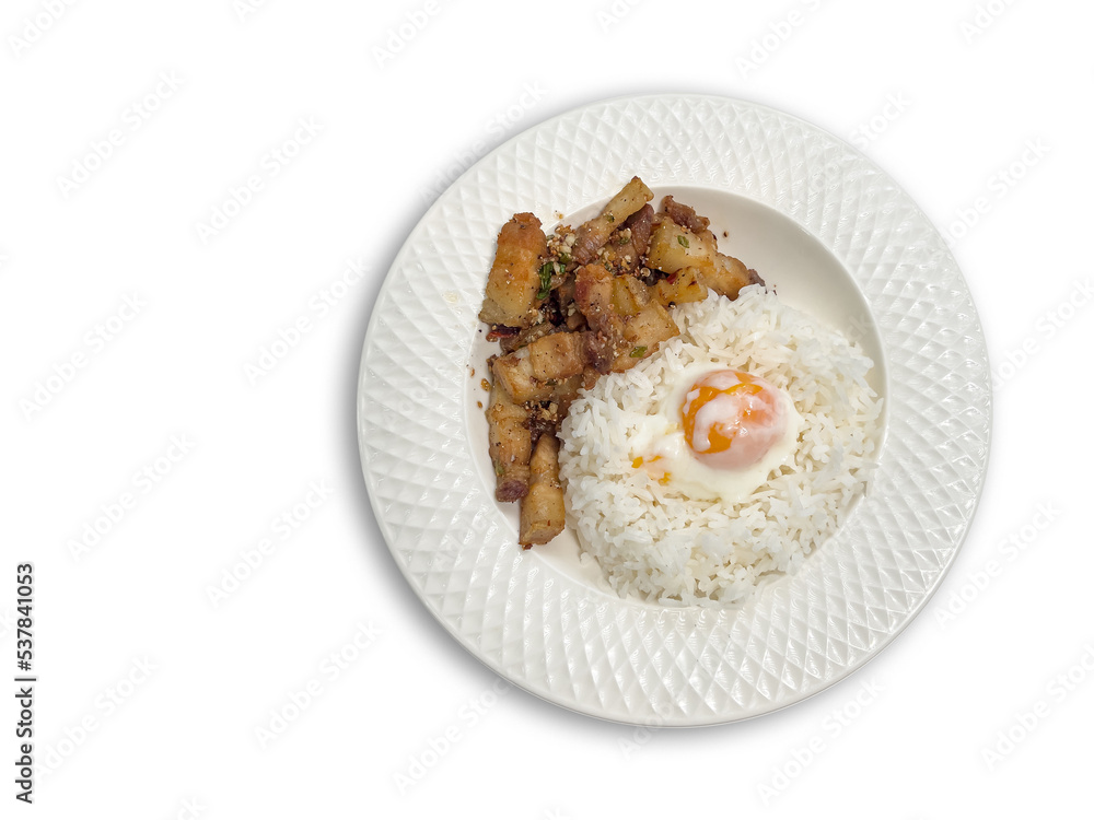 Stir-fried crispy pork belly with chili and salt served with plain rice topped with soft-boiled egg on a white plate