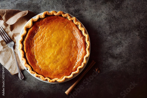 Homemade american traditional pumpkin pie, decorated with autumn fallen leaves and pumpkins