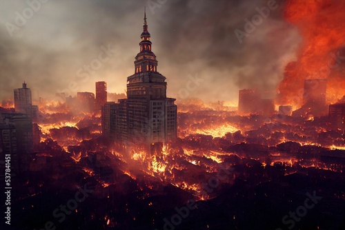 AI-generated digital art of a burning destroyed city in smoke after the apocalypse