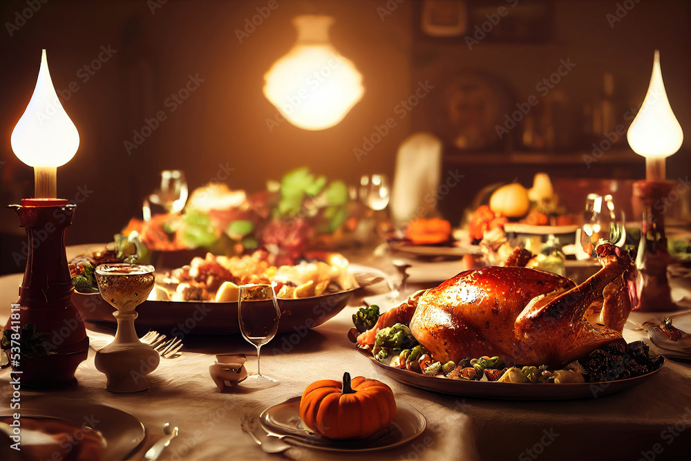 Naklejka premium Thanksgiving dinner table served with turkey, decorated with pumpkins, candles, autumn leaves