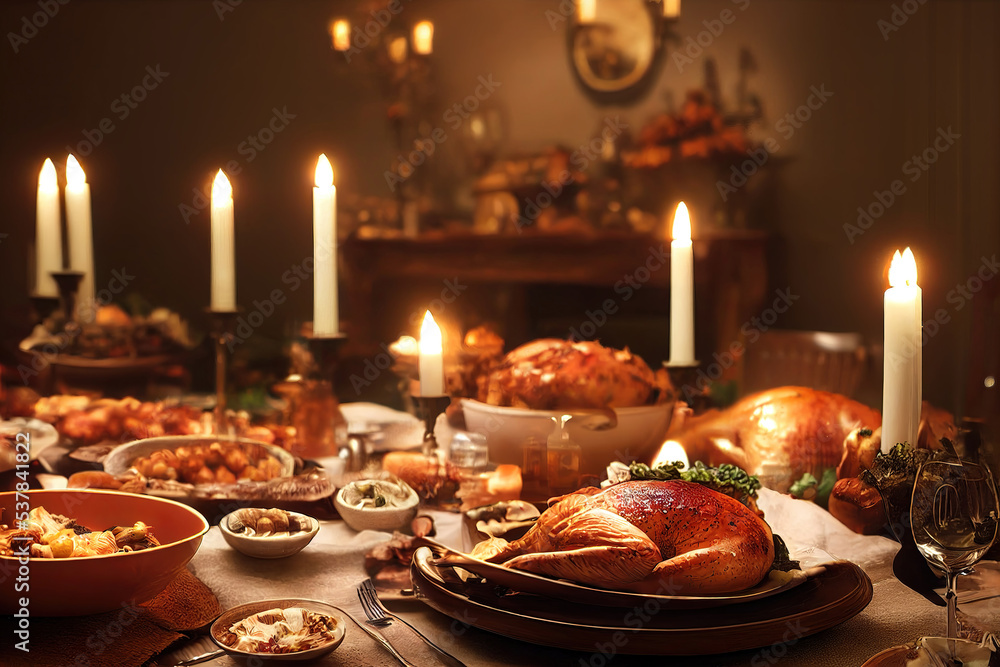 Thanksgiving dinner table served with turkey, decorated with pumpkins, candles, autumn leaves