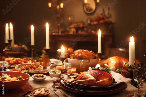 Thanksgiving dinner table served with turkey, decorated with pumpkins, candles, autumn leaves