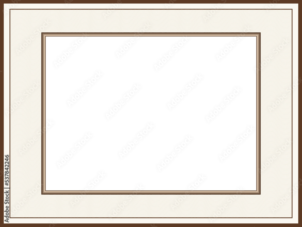 Dark brown picture frame, passe-partout with zigzag pattern. Vintage border, guilloche design. Line art. Vector abstract template A4 for certificate, album page. White background, copy space. Ai Dark brown picture frame, passe-partout with zigzag pattern. Vintage border, guilloche design. Line art. Vector abstract template A4 for certificate, album page. White background, copy space. Ai