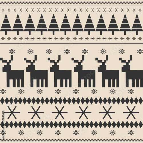 Christmas and New Year seamless pattern. Fair Isle flat knit pattern with Scandinavian snowflakes, Christmas trees and deer for winter hat, sweater, jumper, paper or other designs.