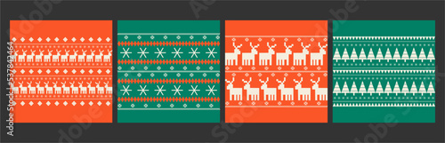 Set of Christmas and New Year seamless patterns. Fair Isle flat knitted pattern with Scandinavian snowflakes, Christmas trees and deer for winter hat, sweater, jumper, paper or other designs.