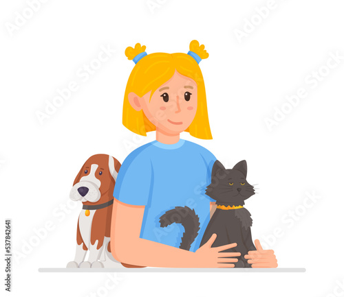 Vector illustration of a girl concept with a kitten and a puppy. The character cuddles the dog and the cat. Caring for homeless animals.