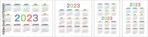 Calendar 2023 set. Colorful english calender template collection