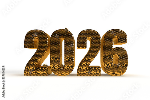 New Year's Eve hive with bee on honey comb  Shiny hexagonal gold number 2026 on a black background with bee.  All isolated as a banner for holiday. 3D rendering.