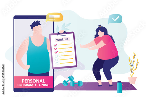 Personal online trainer monitors plump girl training. Overweight woman engaged in individual workout program