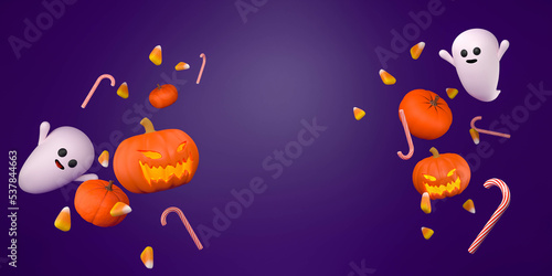 Halloween banner with 3d elements white ghosts, candy corns, candy cans, spooky pumpkins. assets for Halloween theme in purple background. 30 October.