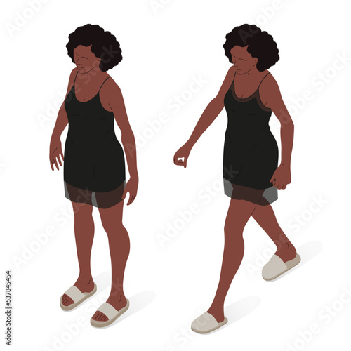 Young afro woman with underwear, woman body. Isometric vector illustration of a standing person.