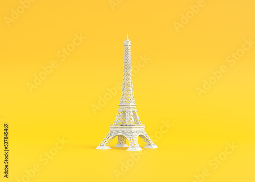 White Paris Eiffel Tower on a yellow background with copy space. Travel concept design. 3d rendering illustration