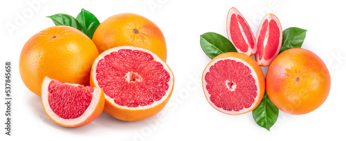 grapefruit and half with leaves isolated on white background