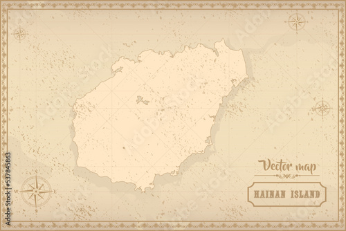 Map of Hainan Island in the old style, brown graphics in retro fantasy style.