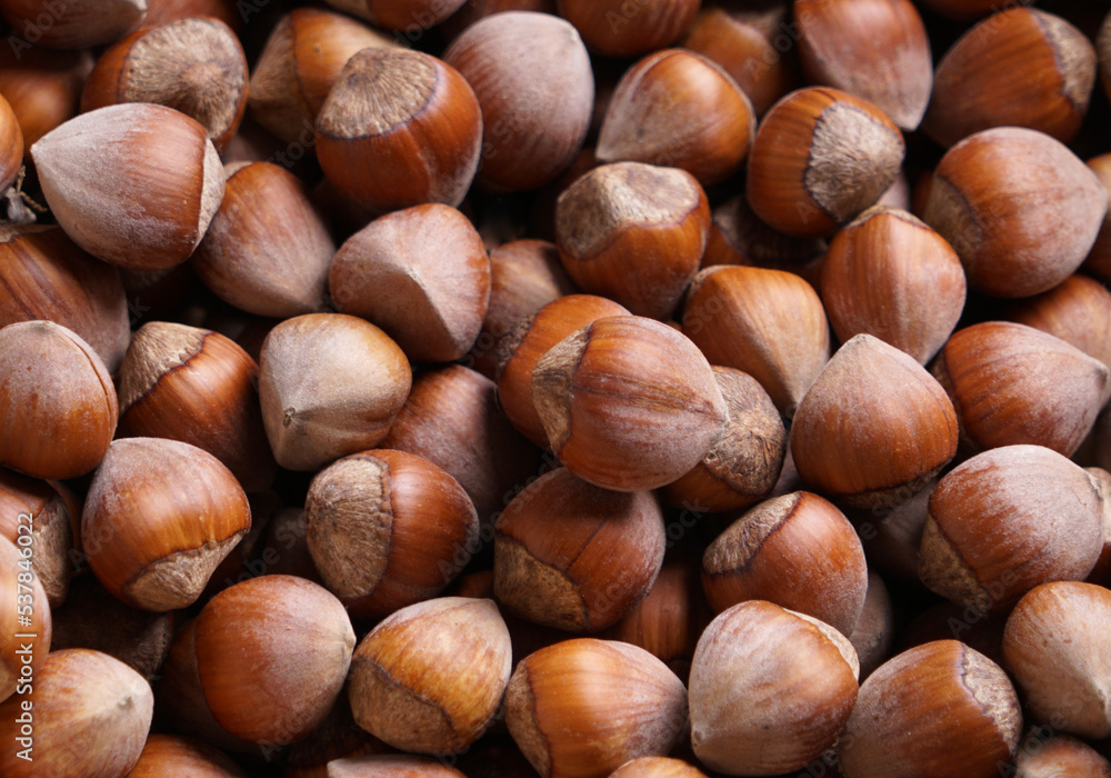 hazelnuts in a basket on a brown background hazelnuts in a basket on a brown background