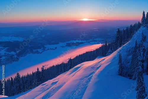Landscape on mountain Sheregesh ski lift resort in winter sunset, aerial top view Kemerovo region Russia. photo