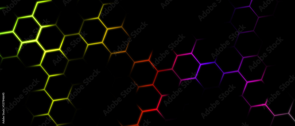 Dark hexagon abstract technology background with blue, green, yellow ...