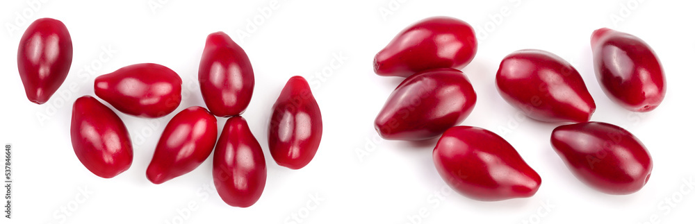 Red berries of cornel or dogwood isolated on white background. Top view. Flat lay Red berries of cornel or dogwood isolated on white background. Top view. Flat lay