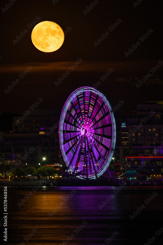 Full Moon Over the National Harbor Ferris Wheel