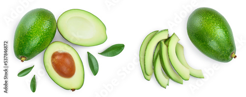 avocado and slices decorated with green leaves isolated on white background. Top view. Flat lay