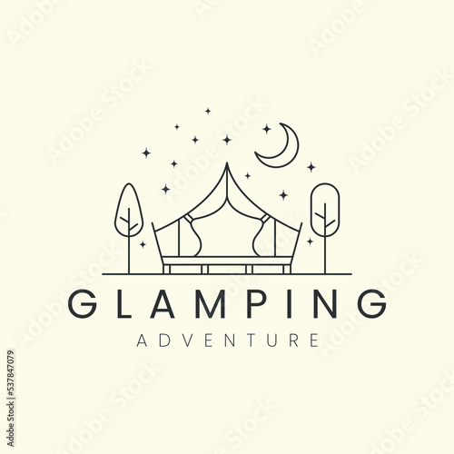 glamping with tree line art vector logo template illustration design, camping, tent logo concept