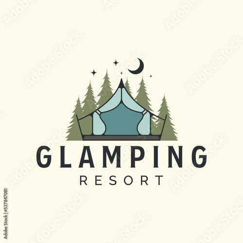glamping in night with vintage vector logo template illustration design, camping, tent logo concept