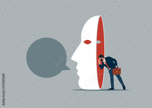 Dishonest businessman hiding behind disguise mask pretend to lying. Lies, fraud or fake, business cheating or suspicion false. Flat vector illustration.