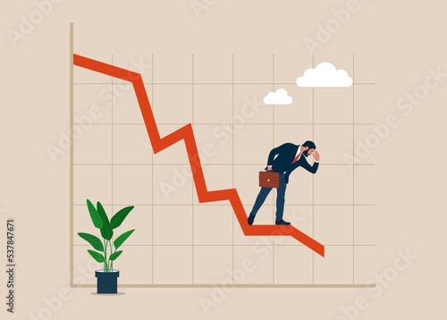 Businessman standing on falling down red graph look for bottom. Economic recession, stock market falling down, financial crisis from inflation. Flat vector illustration.