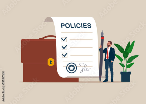 Businessman holding pen with company policy document and business briefcase. Flat vector illustration.