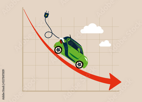 Electric car with plug-in cruising on red stock market arrow graph. Electric car stock pice fall, EV, electric vehicle earning and profit lesion in new economy stock market.