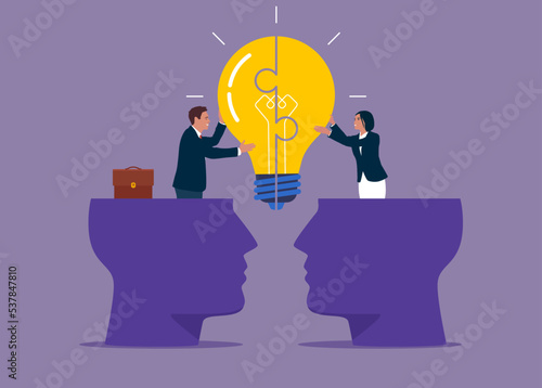 businessman and partner open their head to connect lightbulb jigsaw. Understanding lead to success, agreement solution to solve problem, team communication. Flat vector illustration.