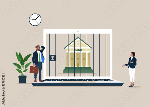 Businessman look at bank building locked inside screen laptop. Financial sanction disconnect from SWIFT international money transfer. Flat vector illustration.