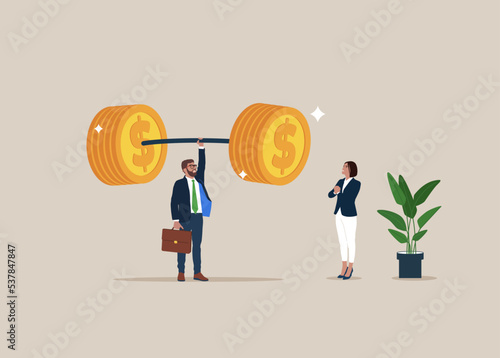 Confidence businessman lift up heavy money coins weight. Investment financial literacy, investing expert, effort to earn more money.  Flat vector illustration.
