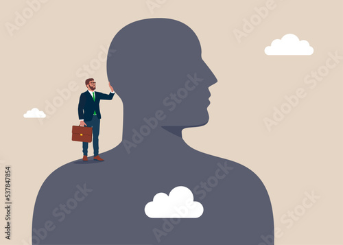 Businessman stand the shoulder of giant. Business vector illustration Flat vector illustration.