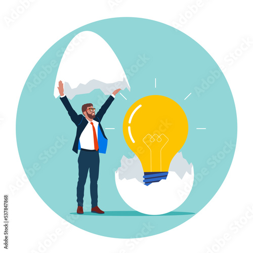 Businessman discover hatching egg with lightbulb idea inside. New creative idea, entrepreneurship or startup, innovation. Flat vector illustration.