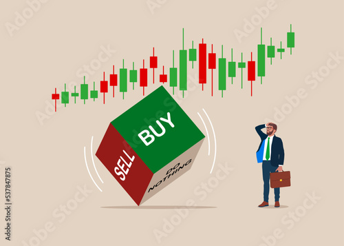 Thinking businessman on graph. Rolling dice with buy or sell, crypto currency, investment decision in volatile stock market. Flat vector illustration.