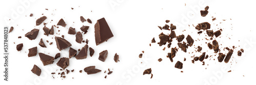 piece of chocolate isolated on white background. . Top view. Flat lay.