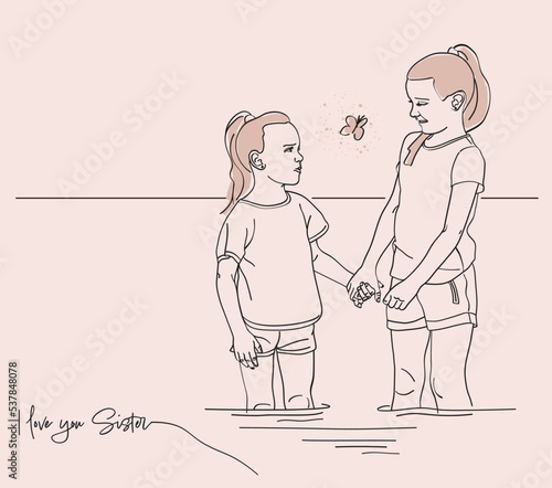 Scene with two sisters holding their hands on summer day and butterfly flying - sister's love  