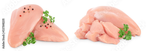Fresh chicken fillet with parsley isolated on white background with full depth of field.