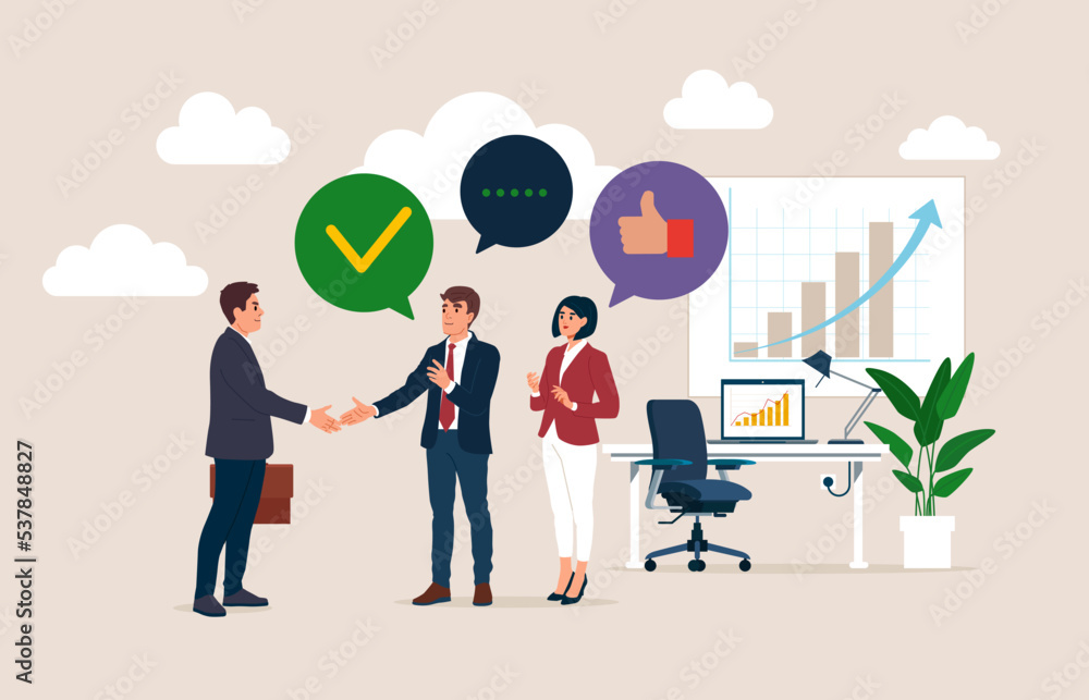 Greetings to hired employee and duties explanation for better staff integration. Employee onboarding process and welcoming to new job person. Flat vector illustration Greetings to hired employee and duties explanation for better staff integration. Employee onboarding process and welcoming to new job person. Flat vector illustration